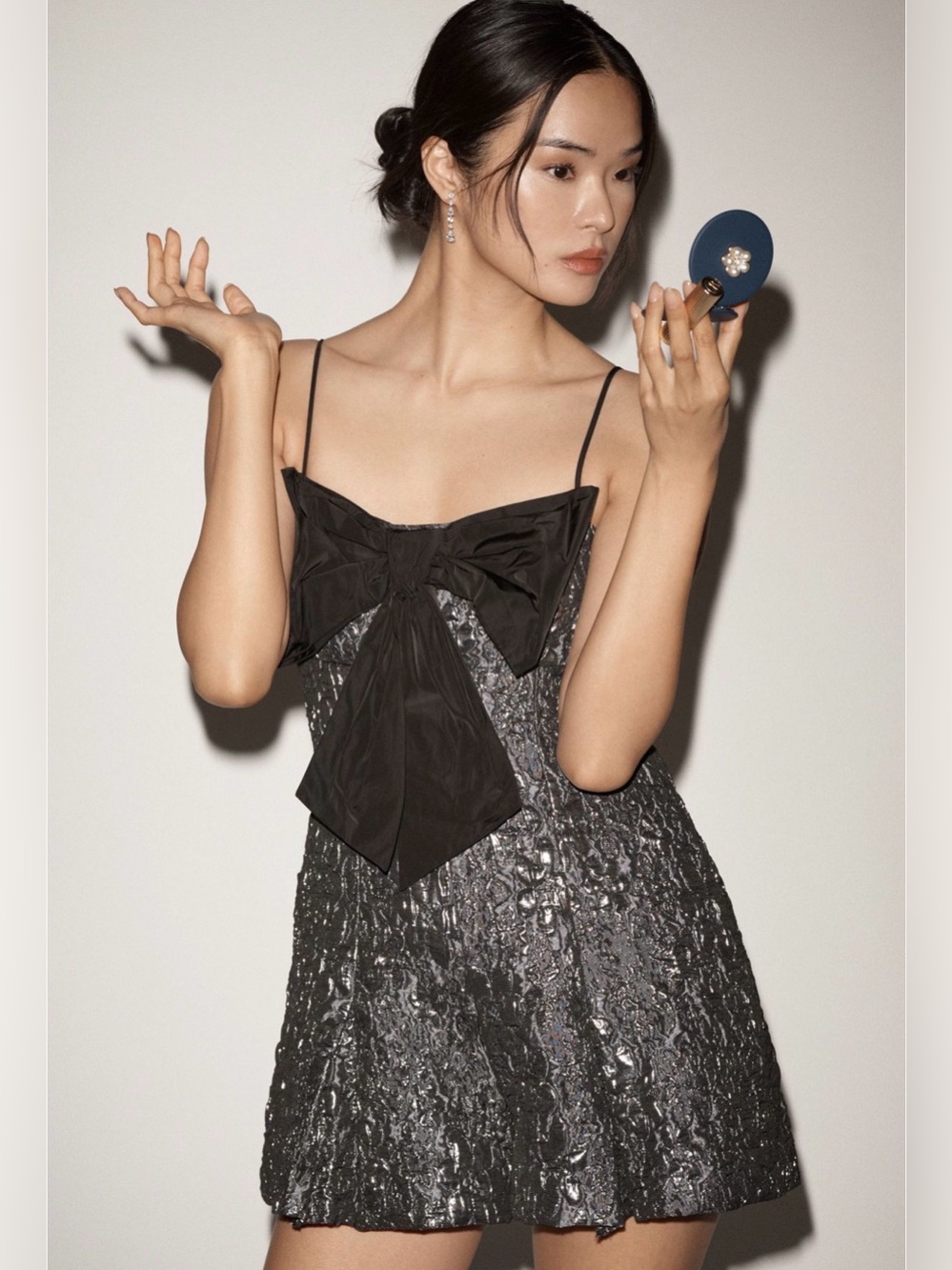 Anthropologie Maeve Black Metallic Lace Jacquard Romper with Bow Size US 12